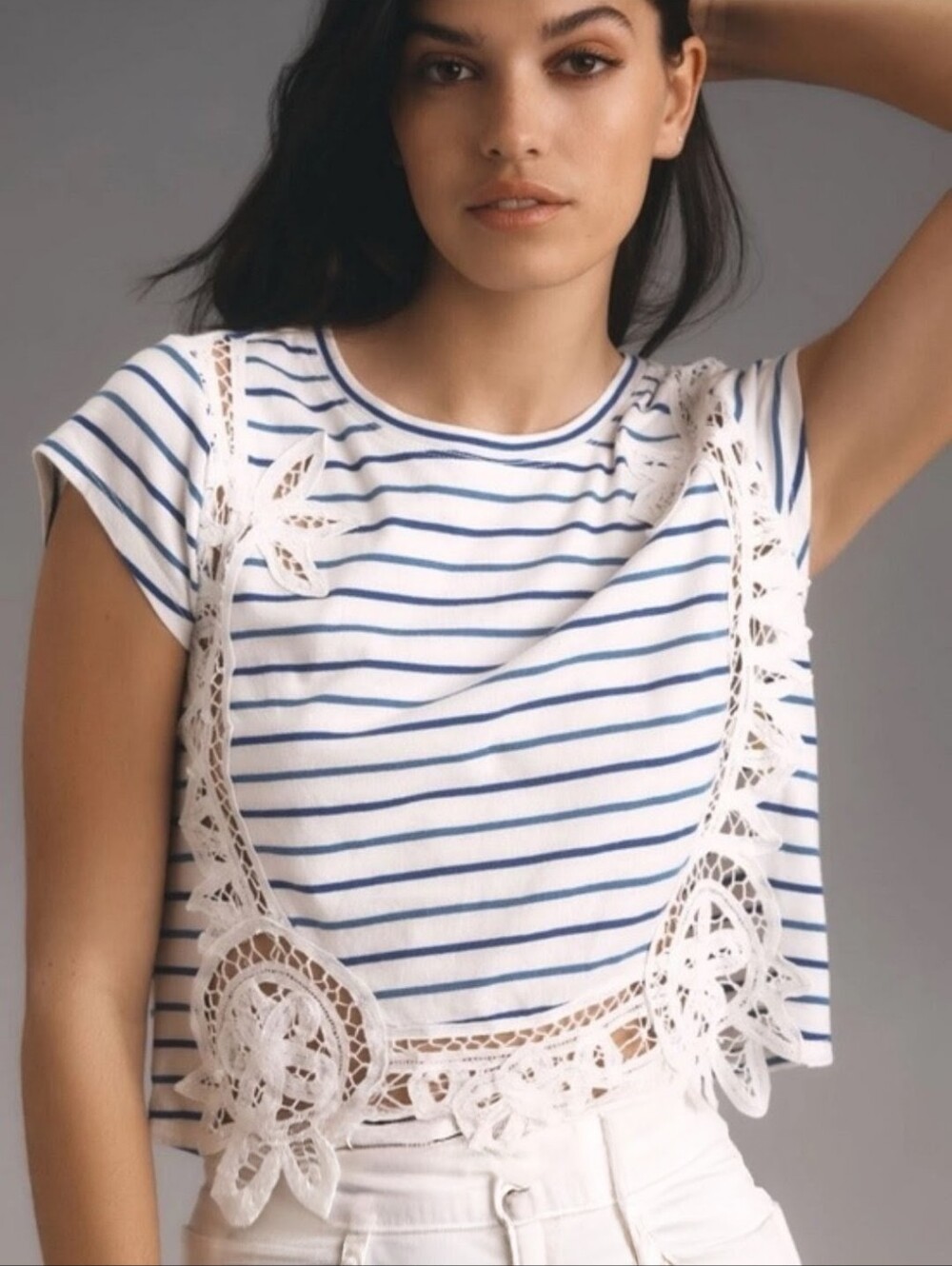 ANTHROPOLOGIE Maeve Lacy Stelline Navy Stripe Crop Top XS NWT